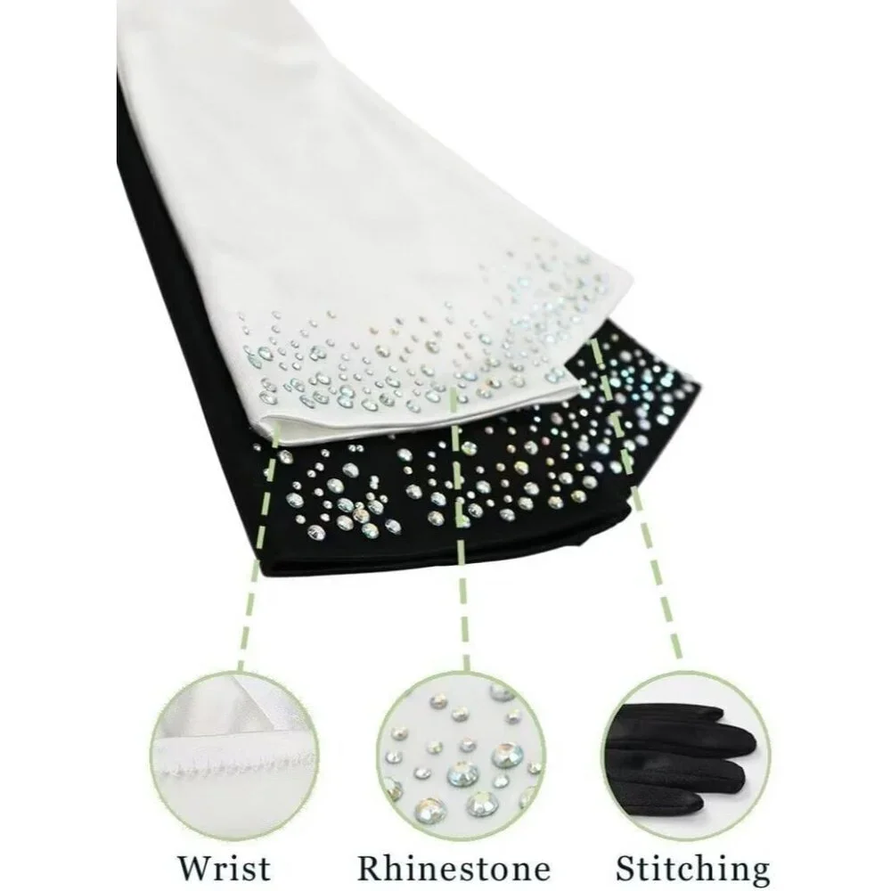 Women's Black Sparkly Glitter Rhinestone Stretchy Satin Wrist Length Gloves